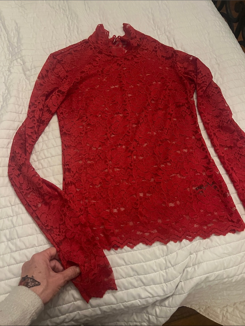 AFRM Red Floral Lace Long-Sleeve Mock Neck Top